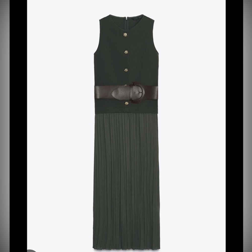 Zara Dark Olive Green Sleeveless Pleated Maxi Dress with Brown Belt